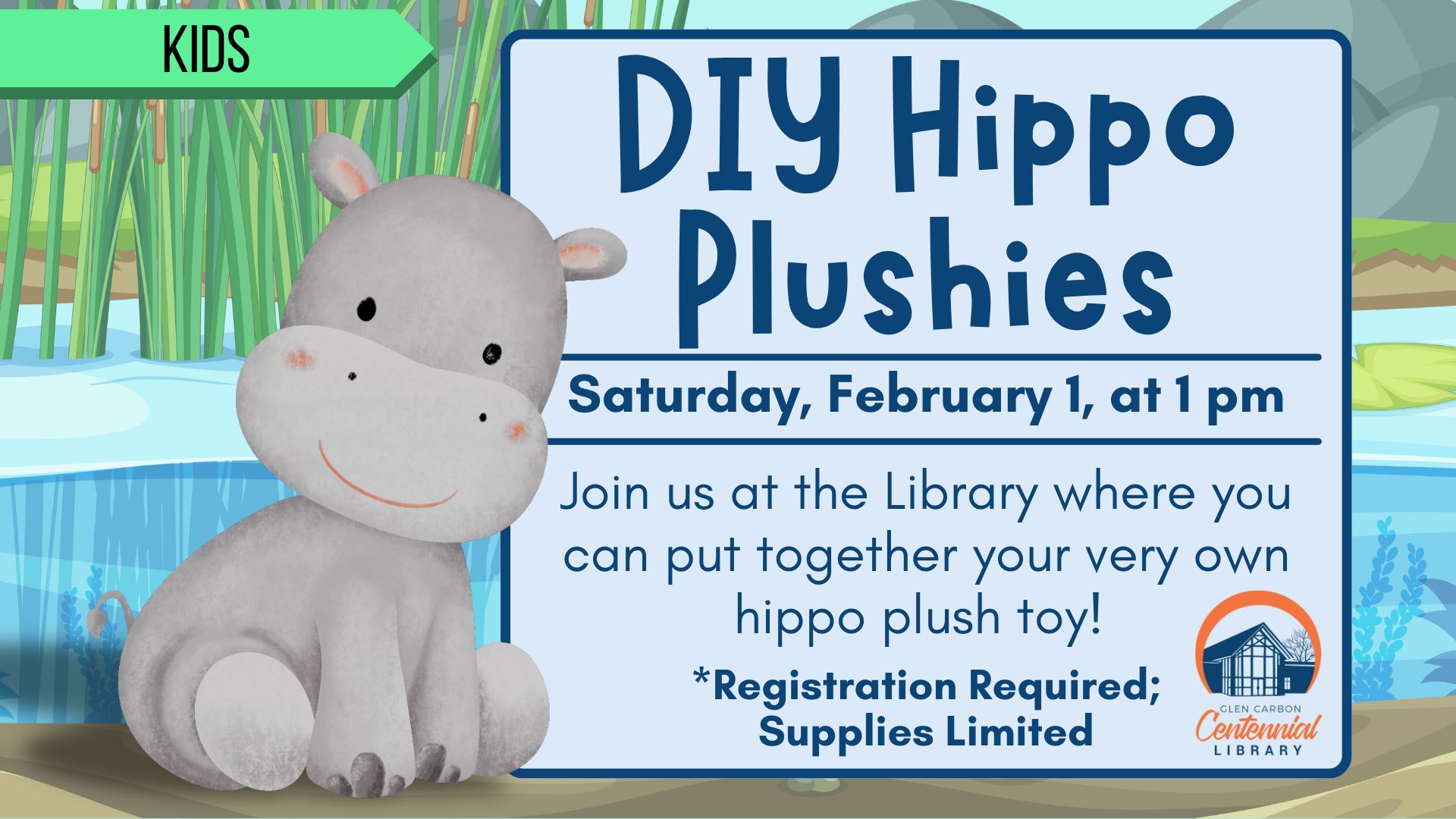 Kids program. DIY Hippo Plushies on Saturday February 1 at 1 pm. Registration required. Supplies limited.